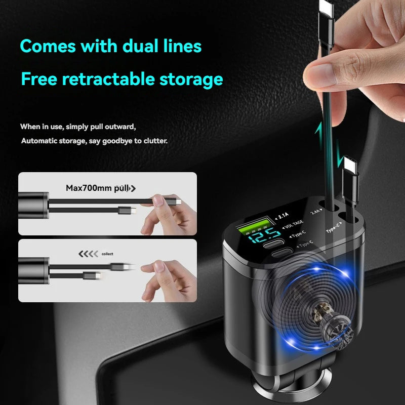 Chargeur Voiture 5-en-1 — Charge Rapide 3.1A | Câble Rétractable