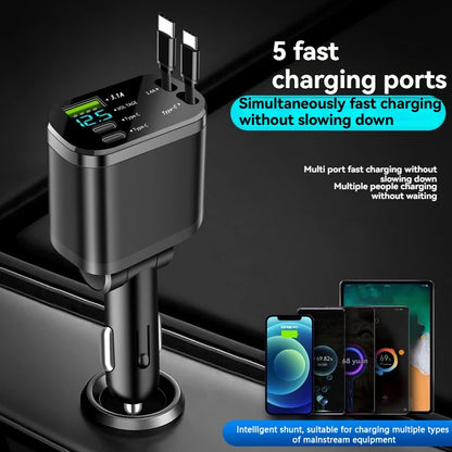 Chargeur Voiture 5-en-1 — Charge Rapide 3.1A | Câble Rétractable