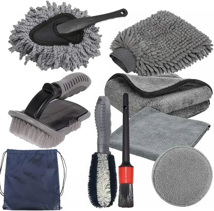Kit Nettoyage Voiture Complet 10 Pièces – Brosses, Gant & Chiffons