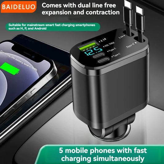 Chargeur Voiture 5-en-1 — Charge Rapide 3.1A | Câble Rétractable